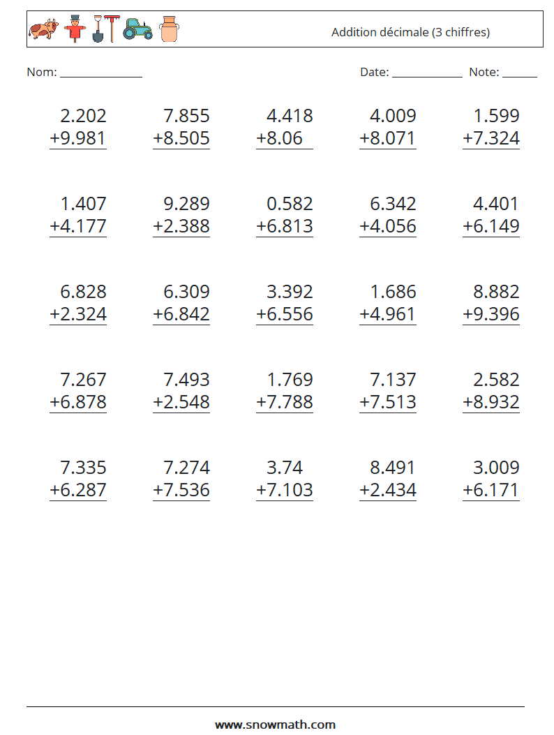 (25) Addition décimale (3 chiffres) Fiches d'Exercices de Mathématiques 1