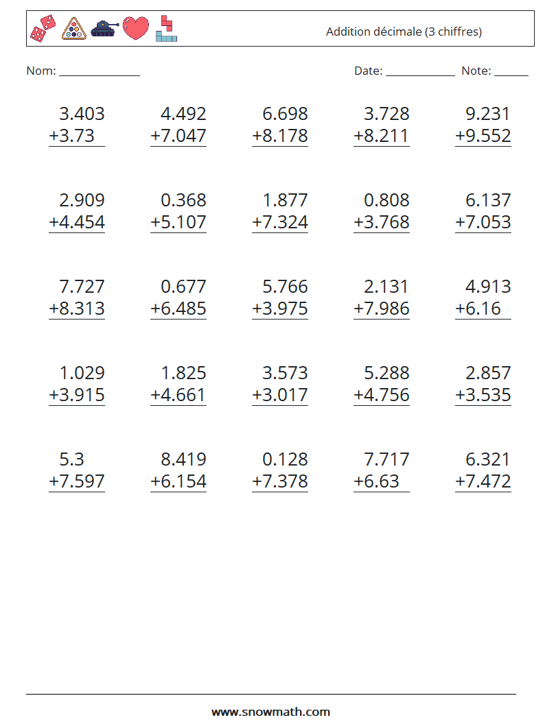 (25) Addition décimale (3 chiffres) Fiches d'Exercices de Mathématiques 10