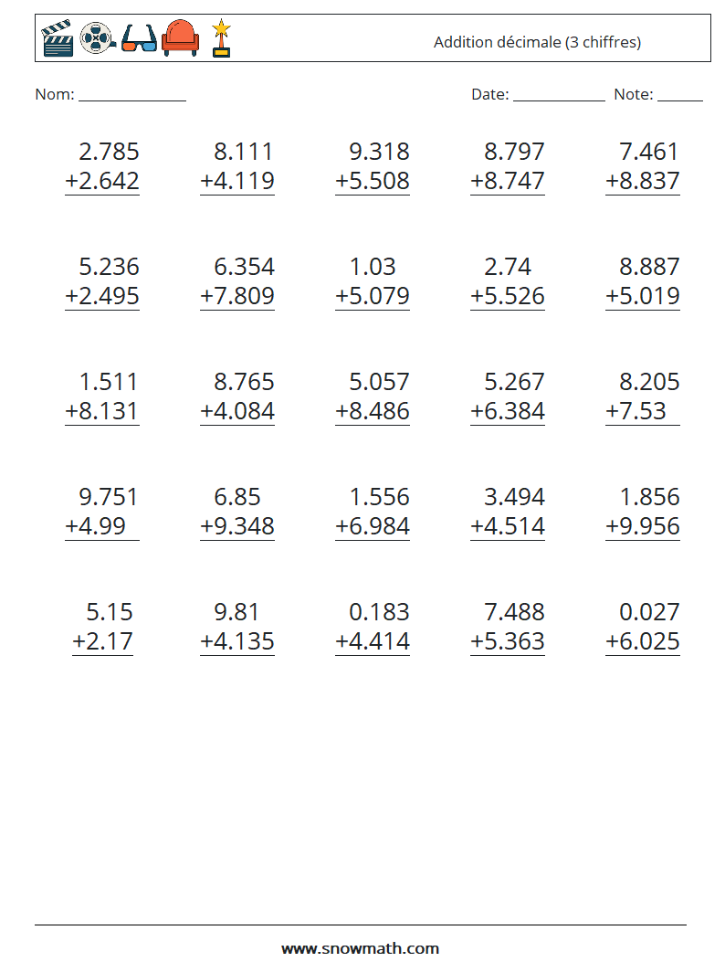 (25) Addition décimale (3 chiffres) Fiches d'Exercices de Mathématiques 11