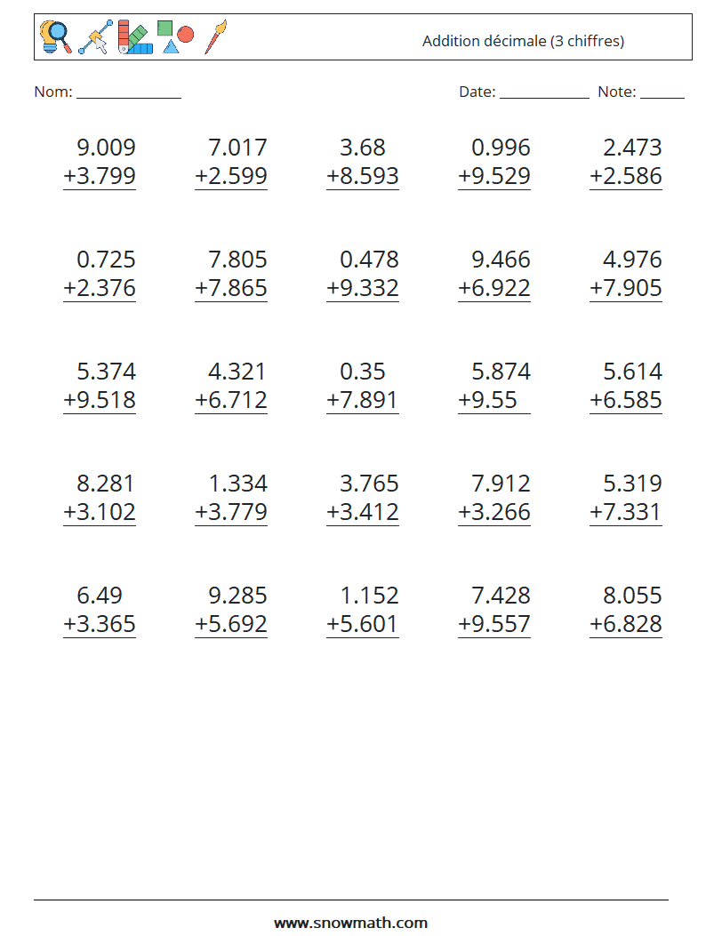 (25) Addition décimale (3 chiffres) Fiches d'Exercices de Mathématiques 12