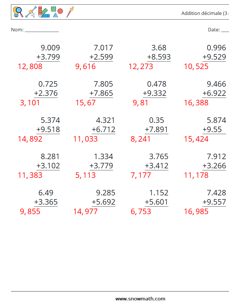 (25) Addition décimale (3 chiffres) Fiches d'Exercices de Mathématiques 12 Question, Réponse