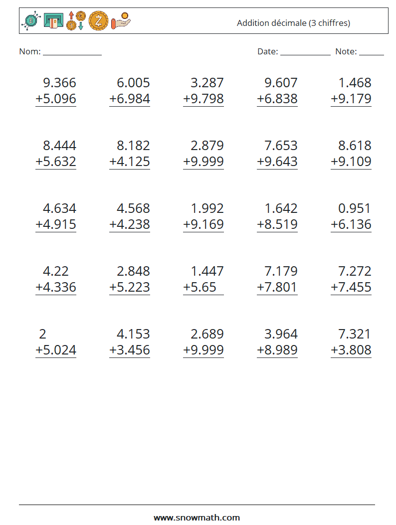 (25) Addition décimale (3 chiffres) Fiches d'Exercices de Mathématiques 13