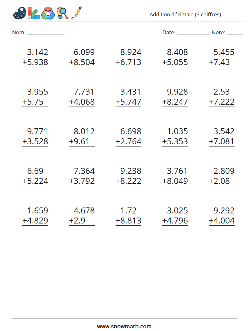 (25) Addition décimale (3 chiffres) Fiches d'Exercices de Mathématiques 14