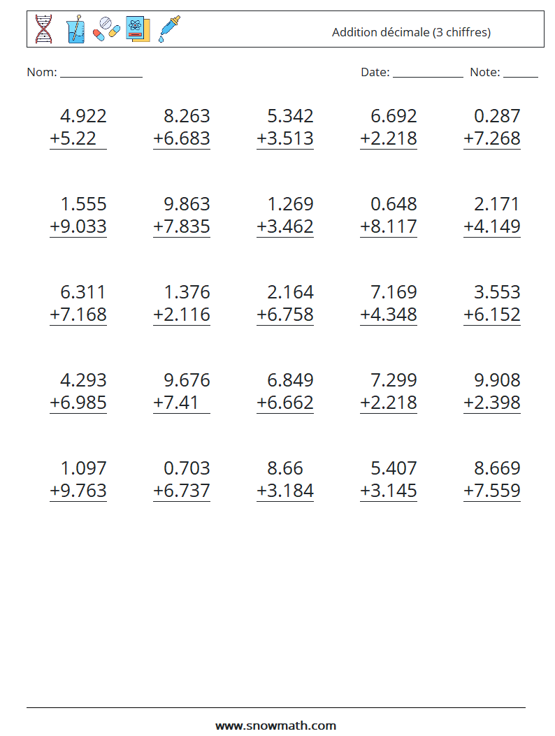 (25) Addition décimale (3 chiffres) Fiches d'Exercices de Mathématiques 15