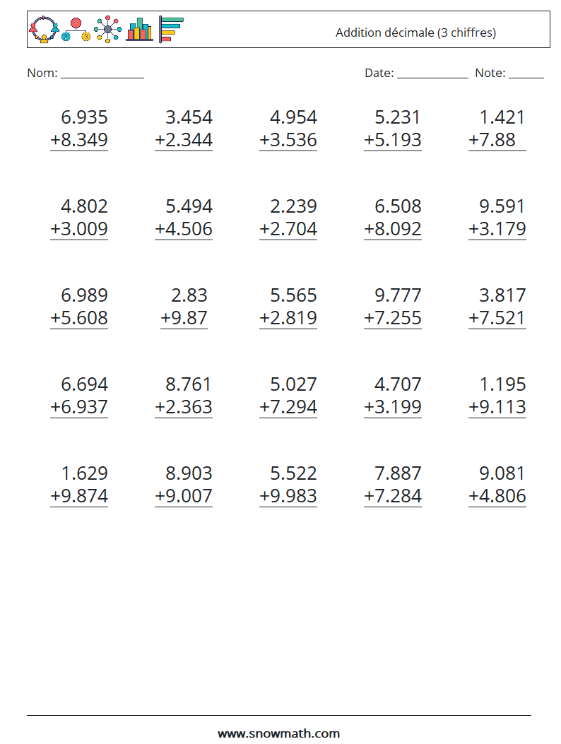 (25) Addition décimale (3 chiffres) Fiches d'Exercices de Mathématiques 16