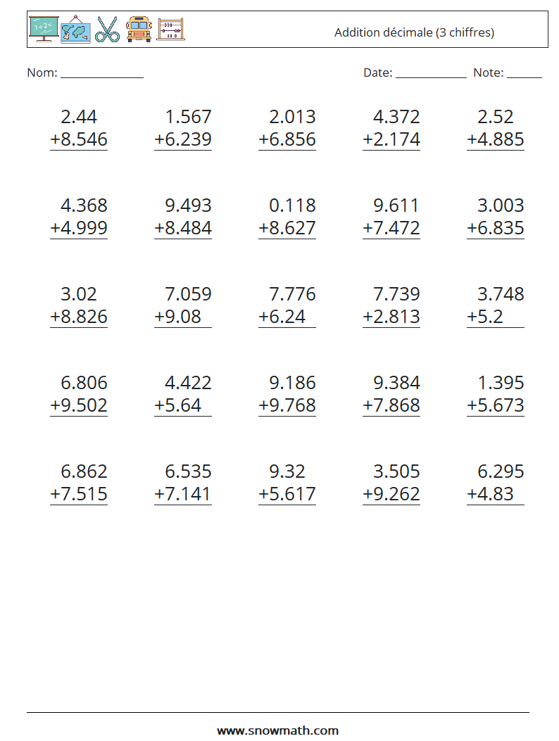 (25) Addition décimale (3 chiffres) Fiches d'Exercices de Mathématiques 17