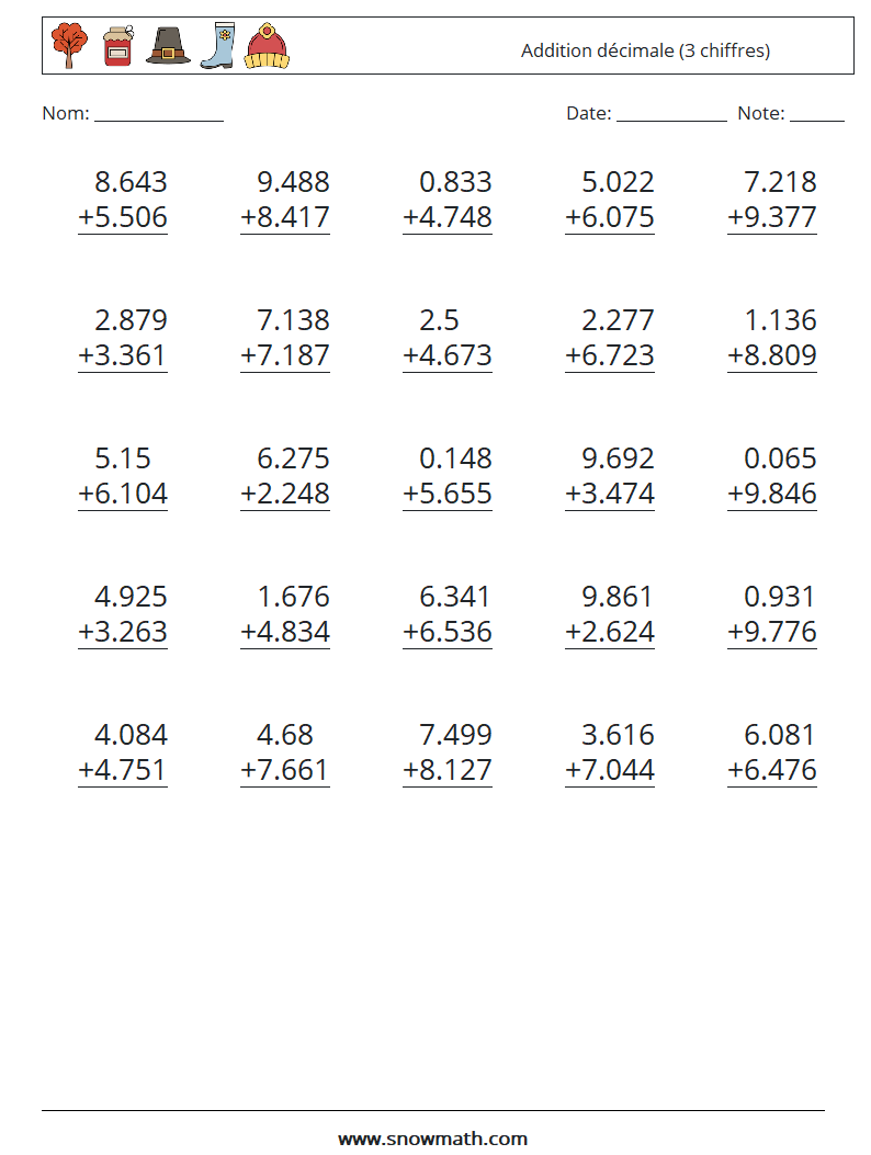 (25) Addition décimale (3 chiffres) Fiches d'Exercices de Mathématiques 2