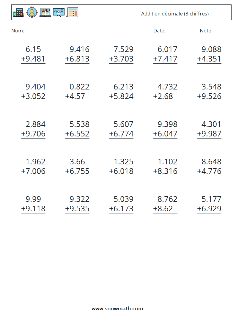 (25) Addition décimale (3 chiffres) Fiches d'Exercices de Mathématiques 3