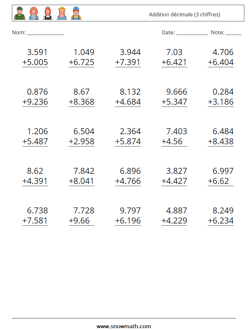 (25) Addition décimale (3 chiffres) Fiches d'Exercices de Mathématiques 4