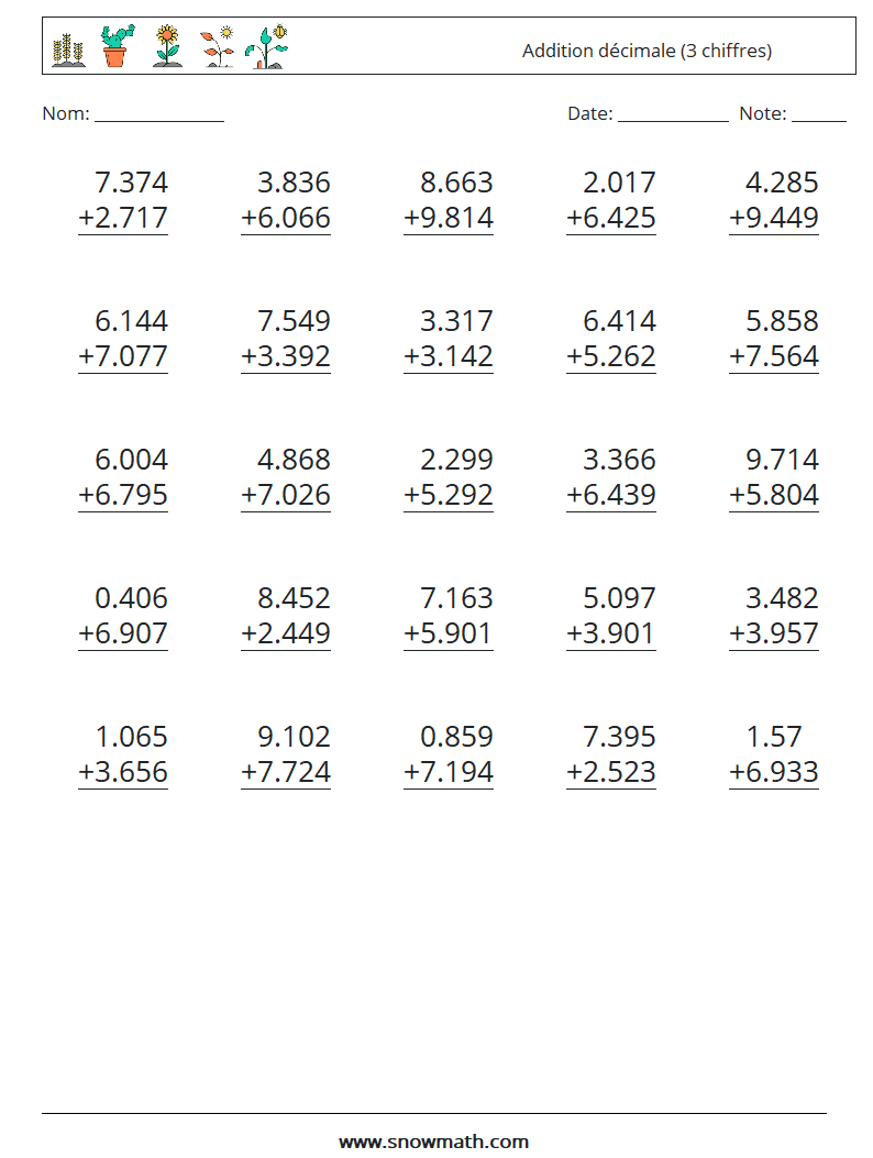 (25) Addition décimale (3 chiffres) Fiches d'Exercices de Mathématiques 5