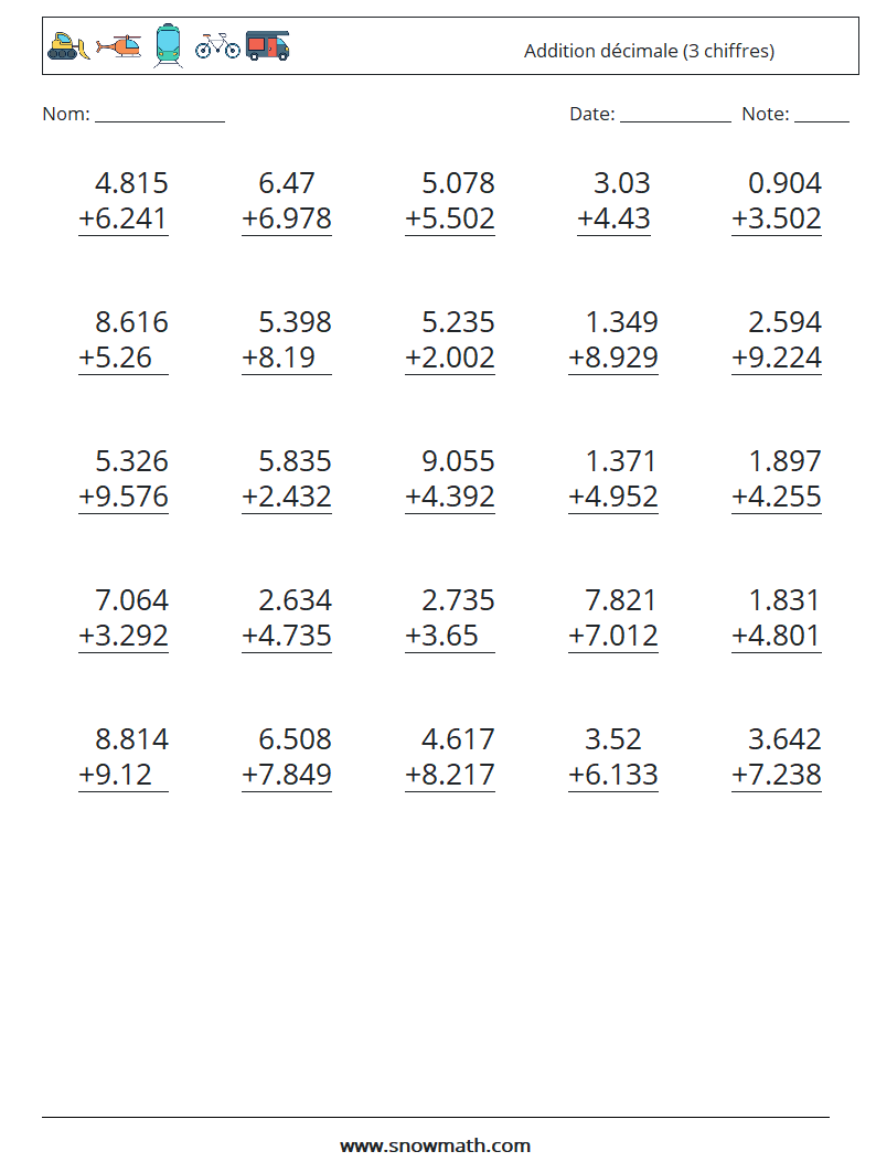 (25) Addition décimale (3 chiffres) Fiches d'Exercices de Mathématiques 6