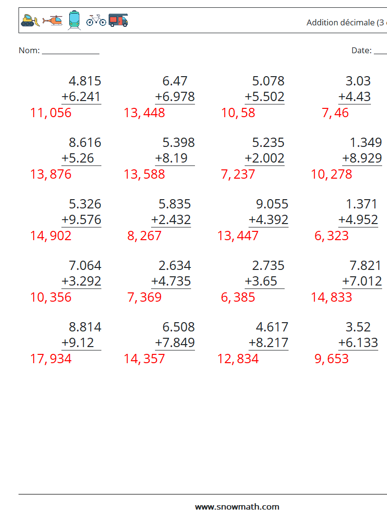 (25) Addition décimale (3 chiffres) Fiches d'Exercices de Mathématiques 6 Question, Réponse