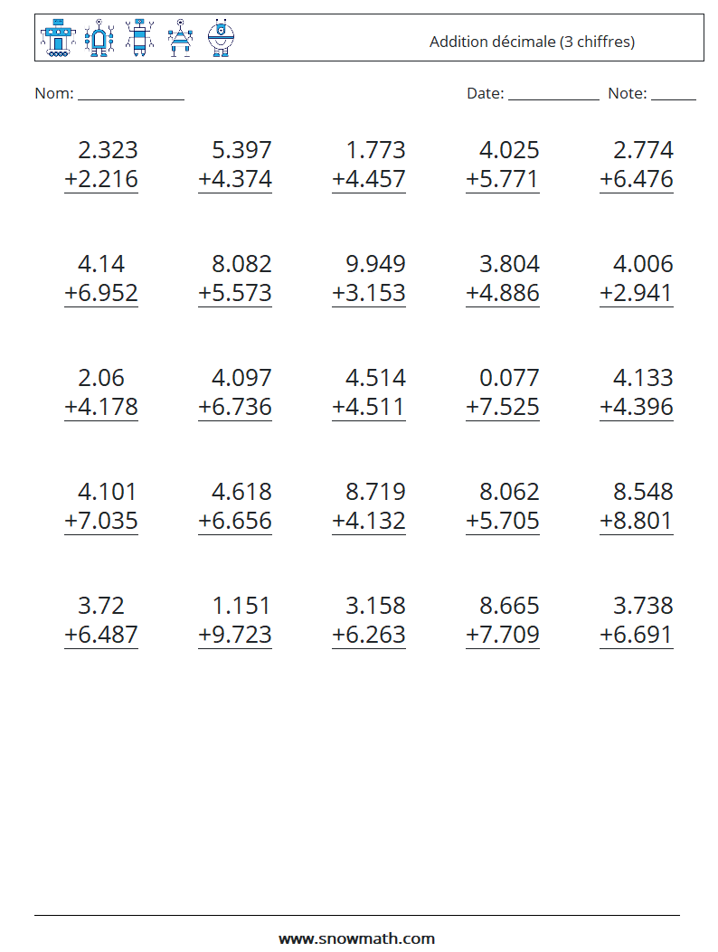 (25) Addition décimale (3 chiffres) Fiches d'Exercices de Mathématiques 7