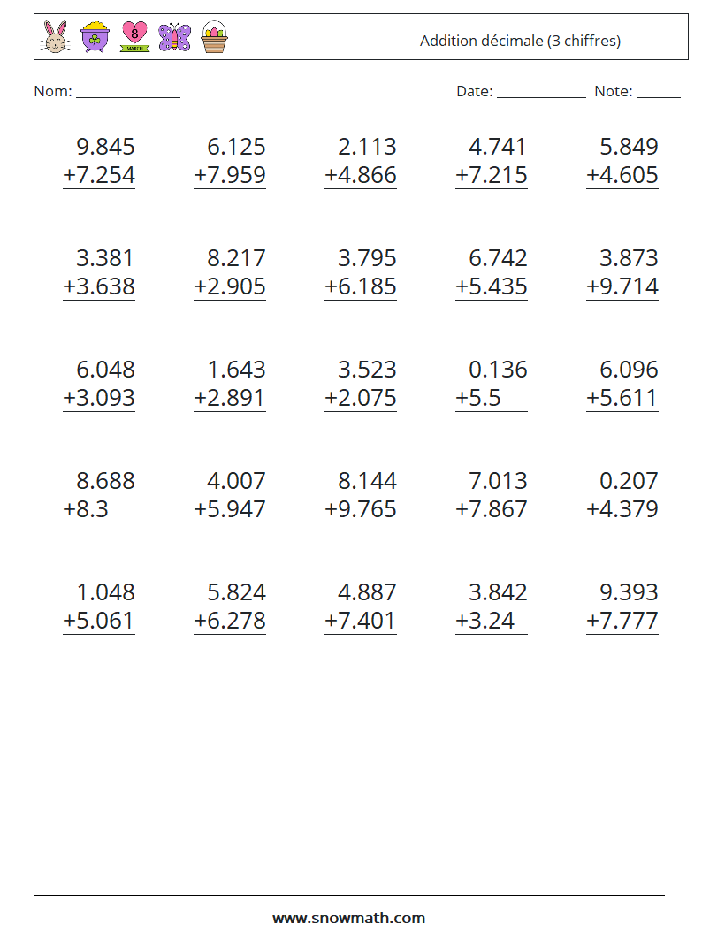 (25) Addition décimale (3 chiffres) Fiches d'Exercices de Mathématiques 9