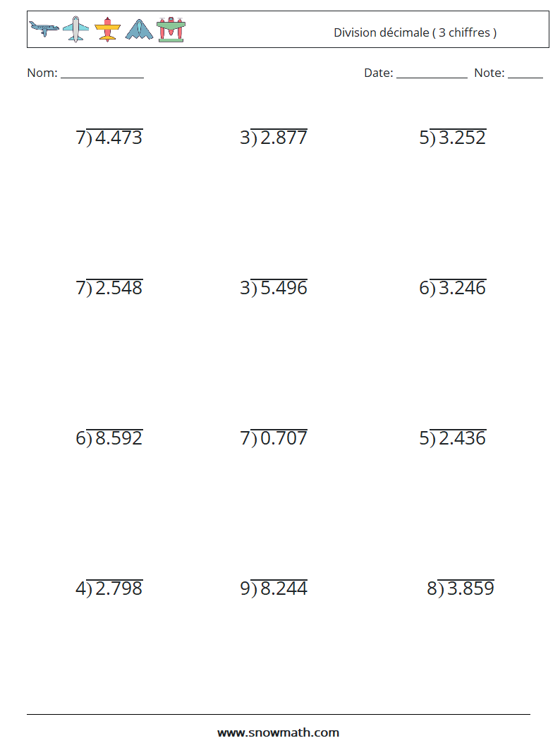 (12) Division décimale ( 3 chiffres ) Fiches d'Exercices de Mathématiques 10