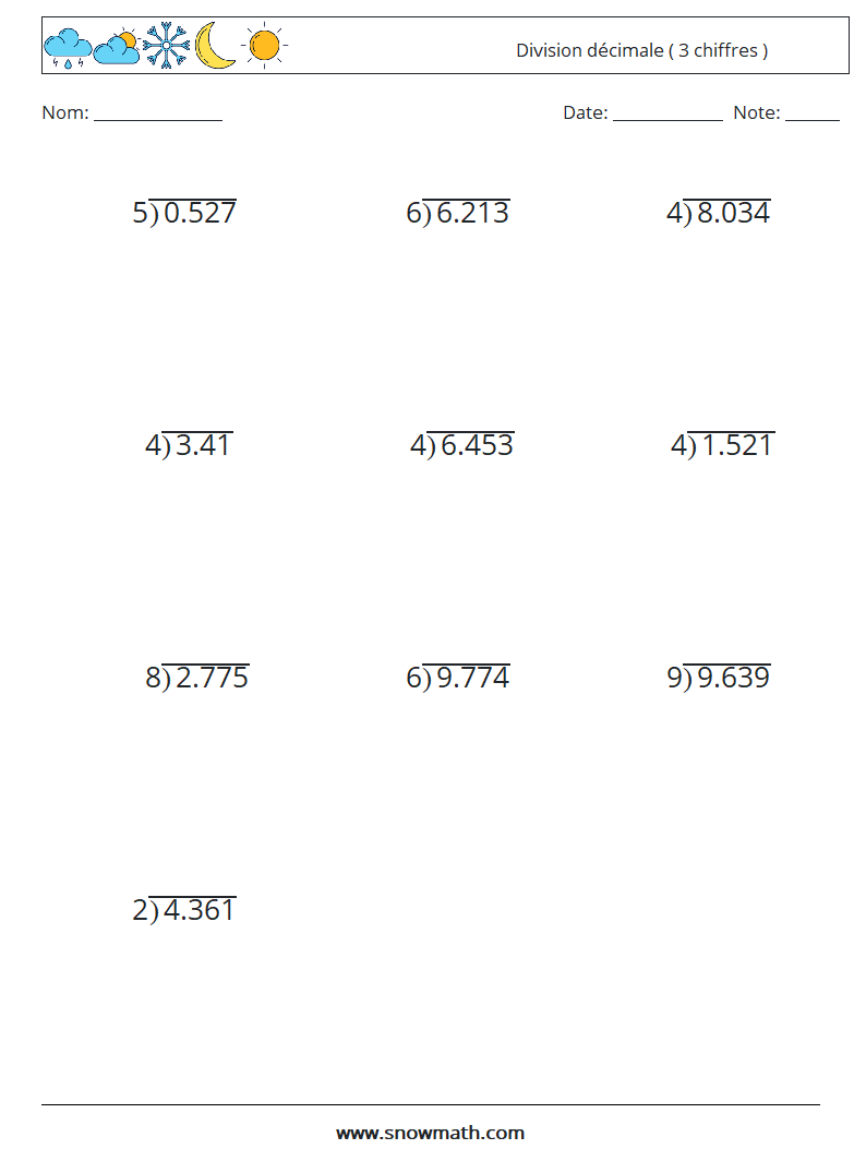 (12) Division décimale ( 3 chiffres ) Fiches d'Exercices de Mathématiques 11