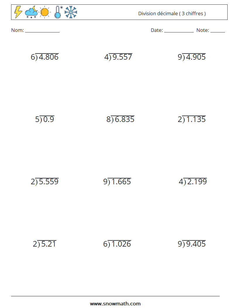 (12) Division décimale ( 3 chiffres ) Fiches d'Exercices de Mathématiques 12