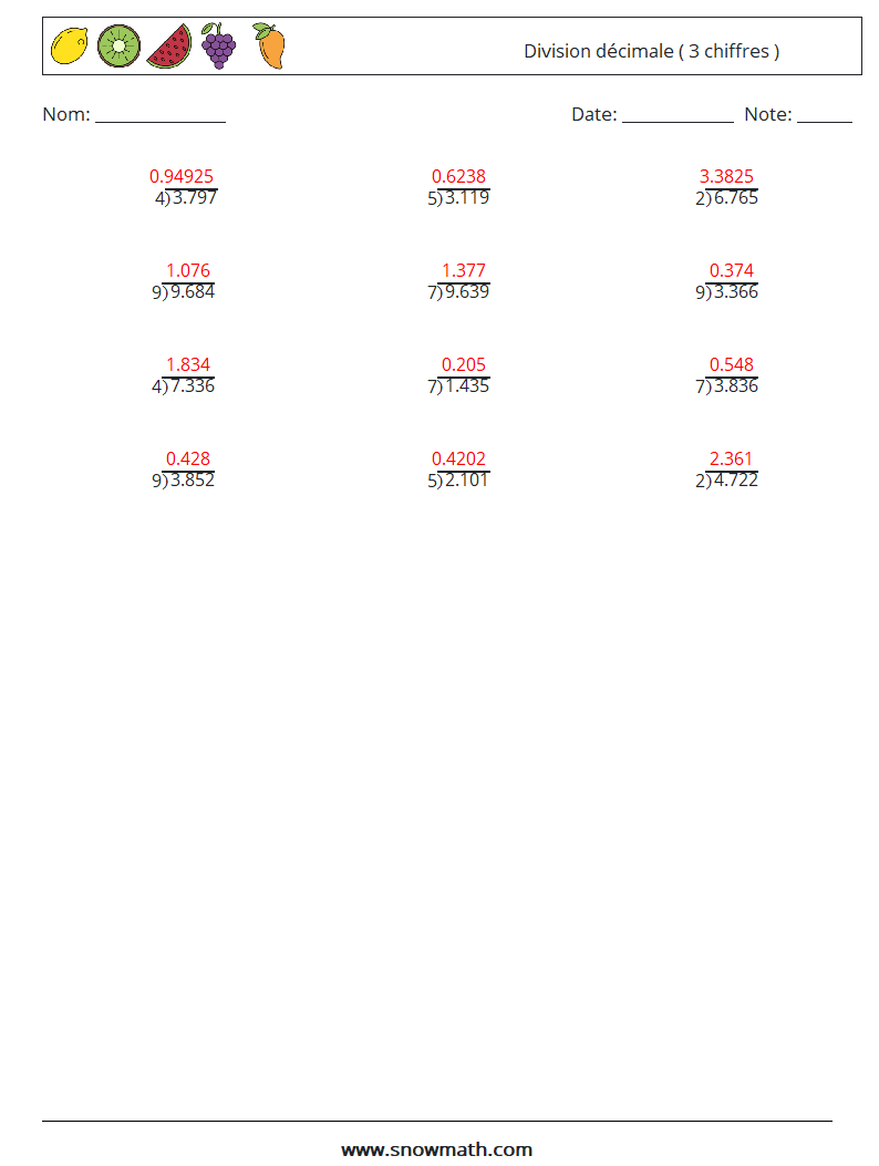 (12) Division décimale ( 3 chiffres ) Fiches d'Exercices de Mathématiques 17 Question, Réponse