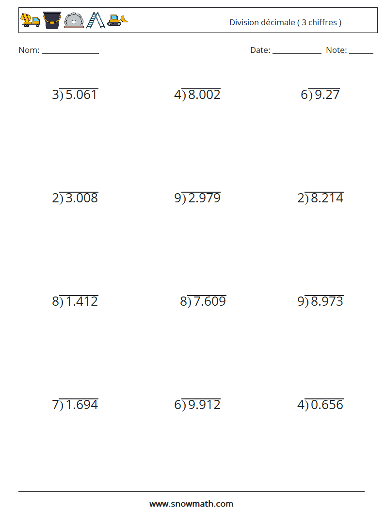 (12) Division décimale ( 3 chiffres ) Fiches d'Exercices de Mathématiques 4