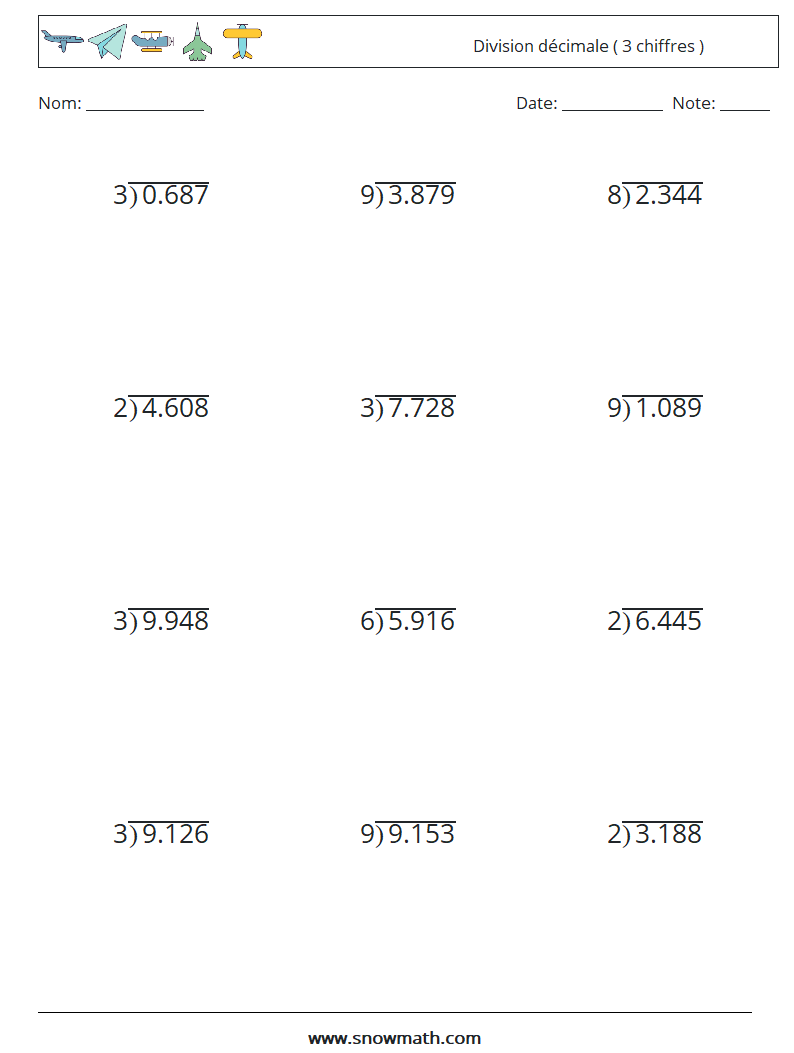 (12) Division décimale ( 3 chiffres ) Fiches d'Exercices de Mathématiques 7