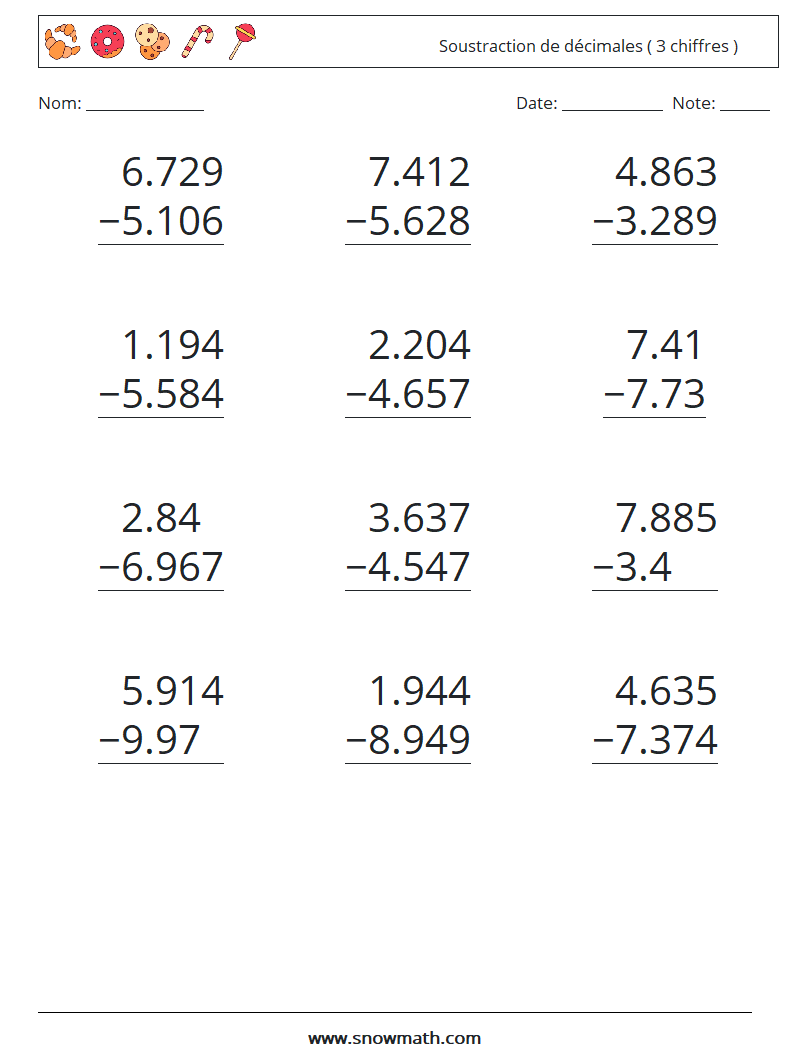 (12) Soustraction de décimales ( 3 chiffres ) Fiches d'Exercices de Mathématiques 10