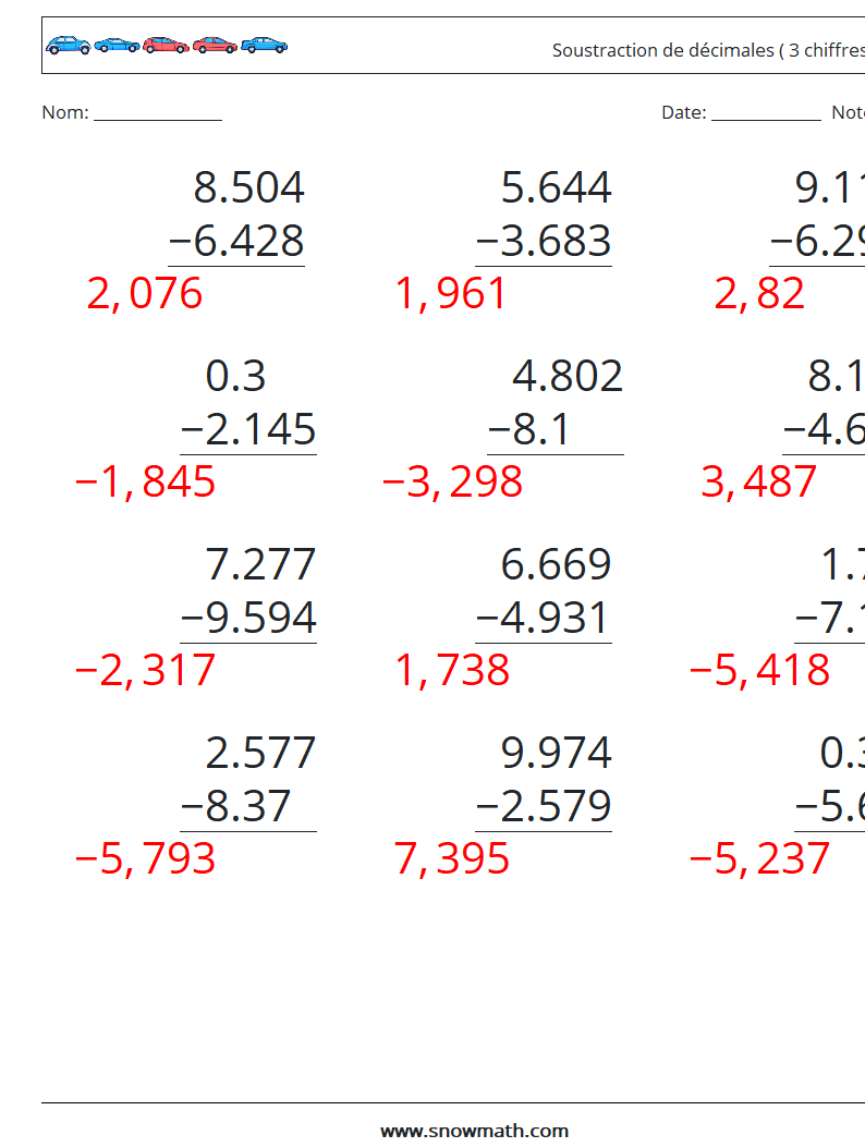 (12) Soustraction de décimales ( 3 chiffres ) Fiches d'Exercices de Mathématiques 11 Question, Réponse