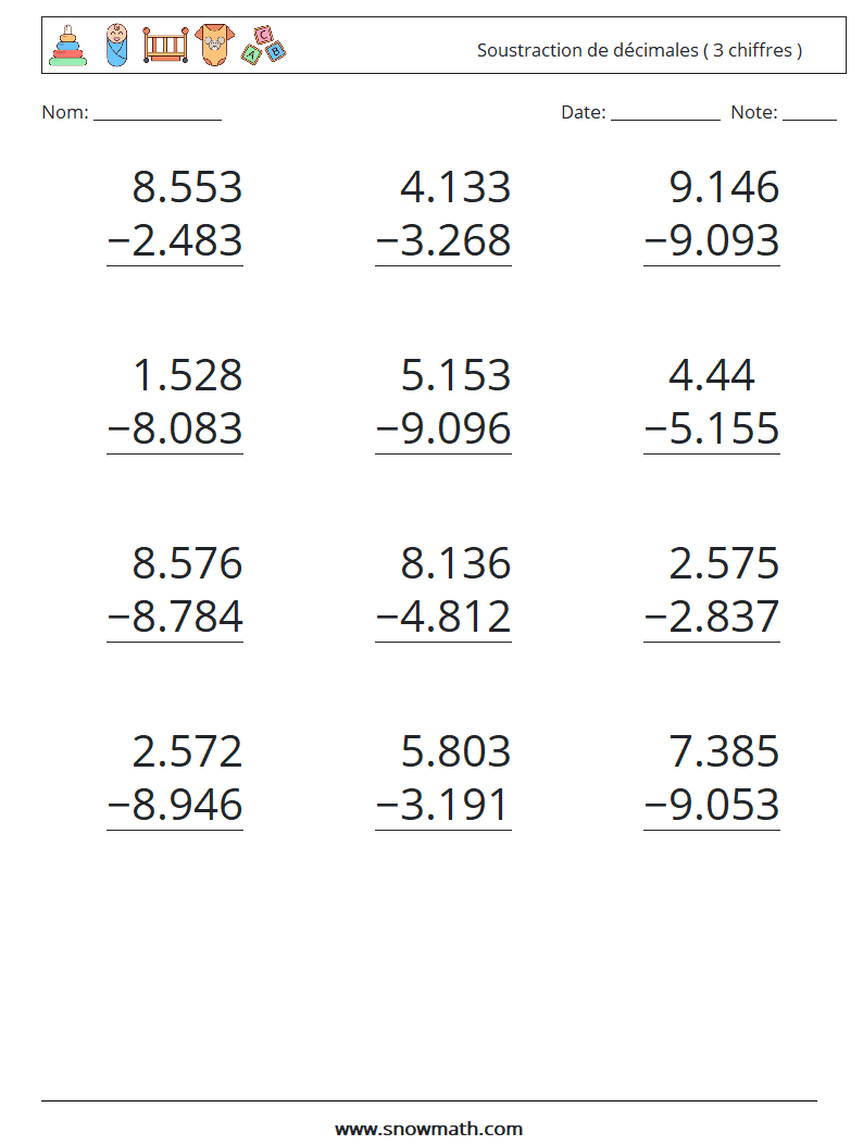 (12) Soustraction de décimales ( 3 chiffres ) Fiches d'Exercices de Mathématiques 12