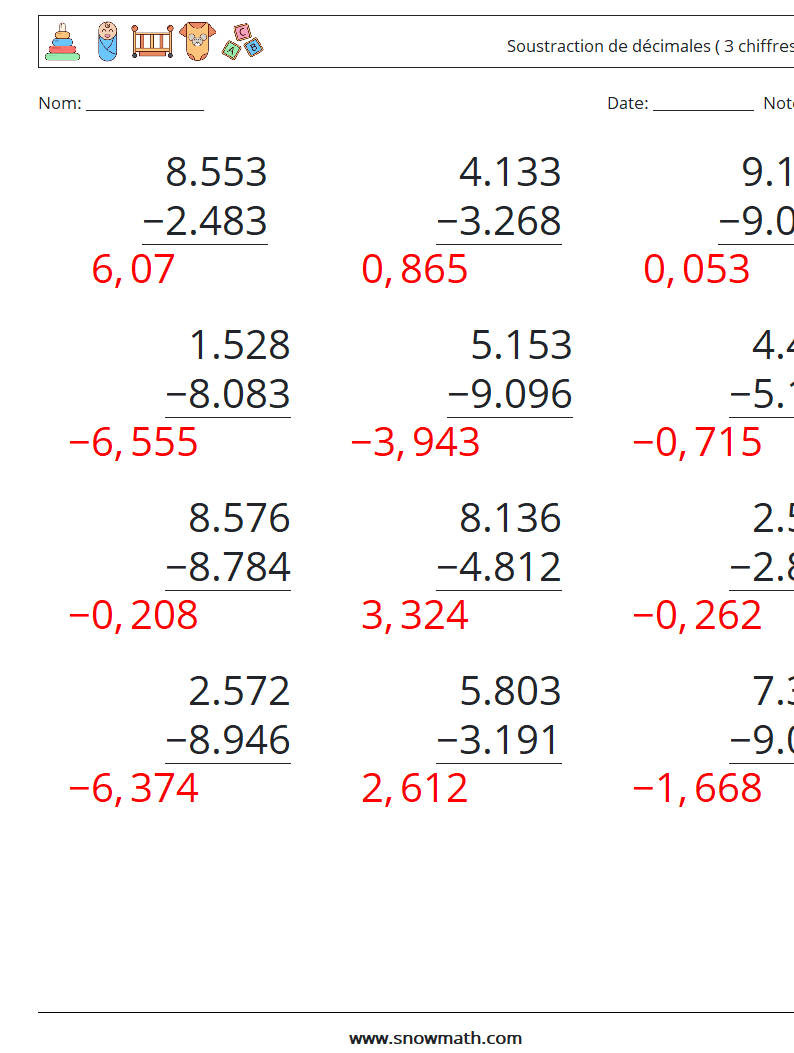 (12) Soustraction de décimales ( 3 chiffres ) Fiches d'Exercices de Mathématiques 12 Question, Réponse