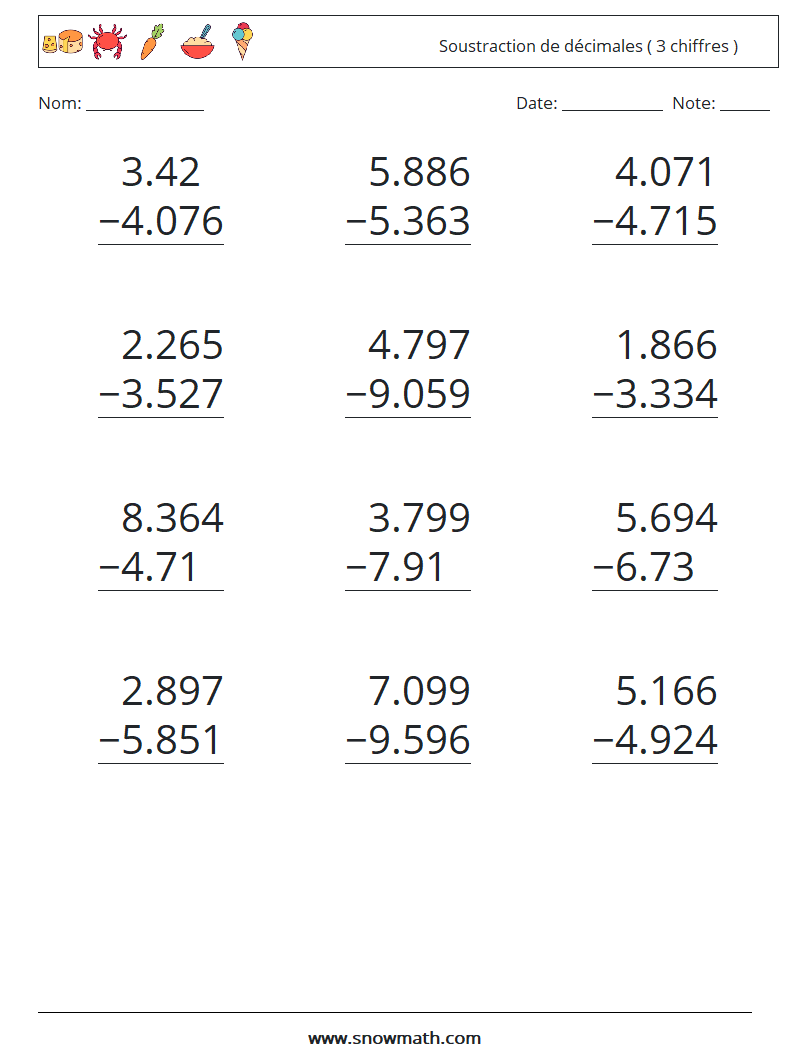 (12) Soustraction de décimales ( 3 chiffres ) Fiches d'Exercices de Mathématiques 13