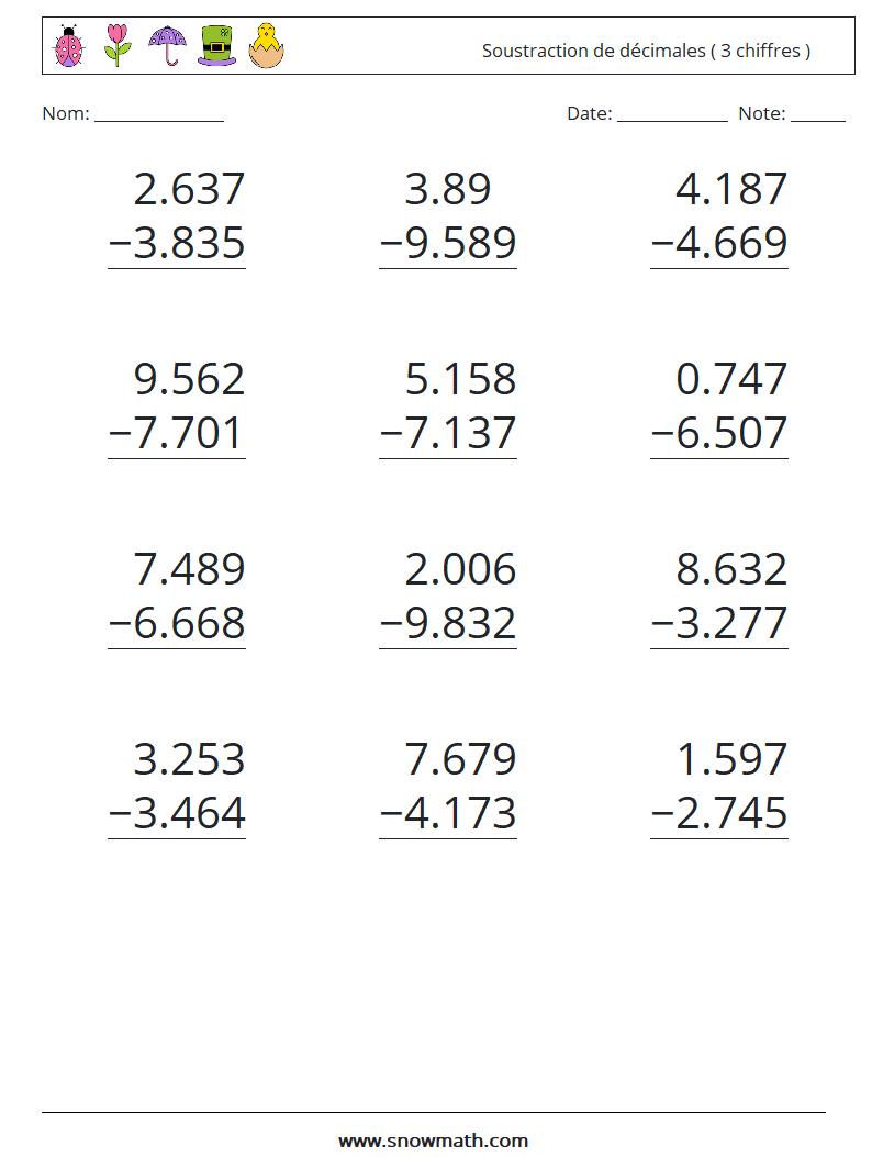 (12) Soustraction de décimales ( 3 chiffres ) Fiches d'Exercices de Mathématiques 14