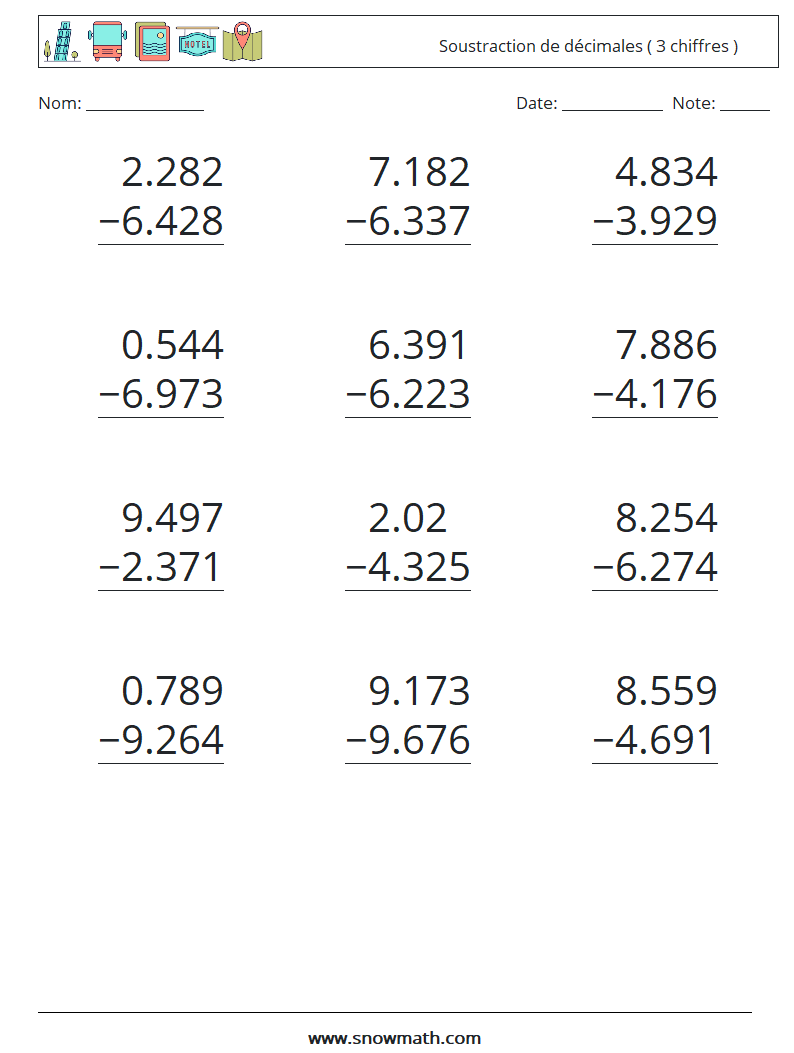 (12) Soustraction de décimales ( 3 chiffres ) Fiches d'Exercices de Mathématiques 15