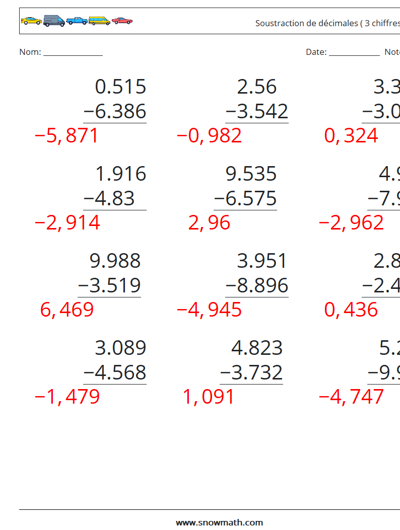 (12) Soustraction de décimales ( 3 chiffres ) Fiches d'Exercices de Mathématiques 16 Question, Réponse