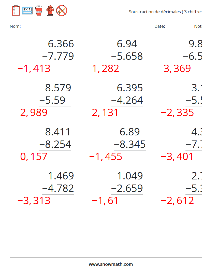 (12) Soustraction de décimales ( 3 chiffres ) Fiches d'Exercices de Mathématiques 17 Question, Réponse