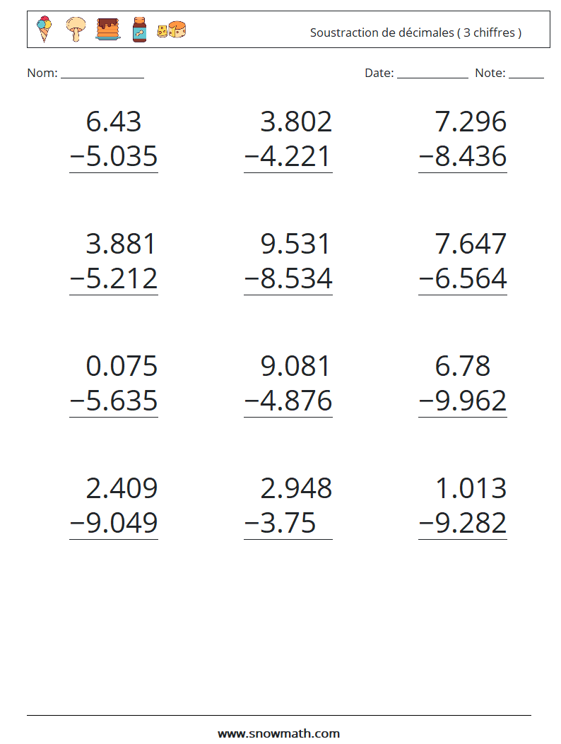 (12) Soustraction de décimales ( 3 chiffres ) Fiches d'Exercices de Mathématiques 18