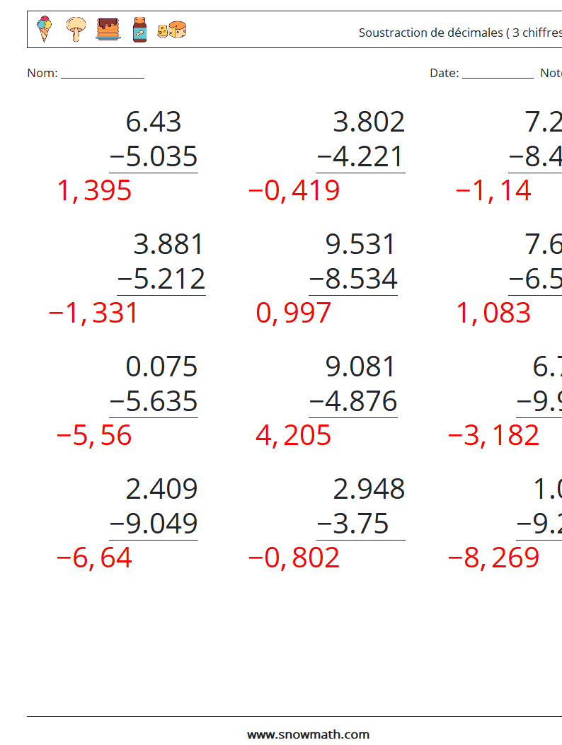 (12) Soustraction de décimales ( 3 chiffres ) Fiches d'Exercices de Mathématiques 18 Question, Réponse