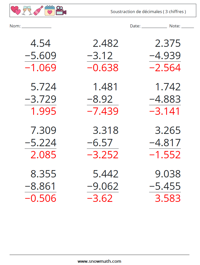 (12) Soustraction de décimales ( 3 chiffres ) Fiches d'Exercices de Mathématiques 1 Question, Réponse