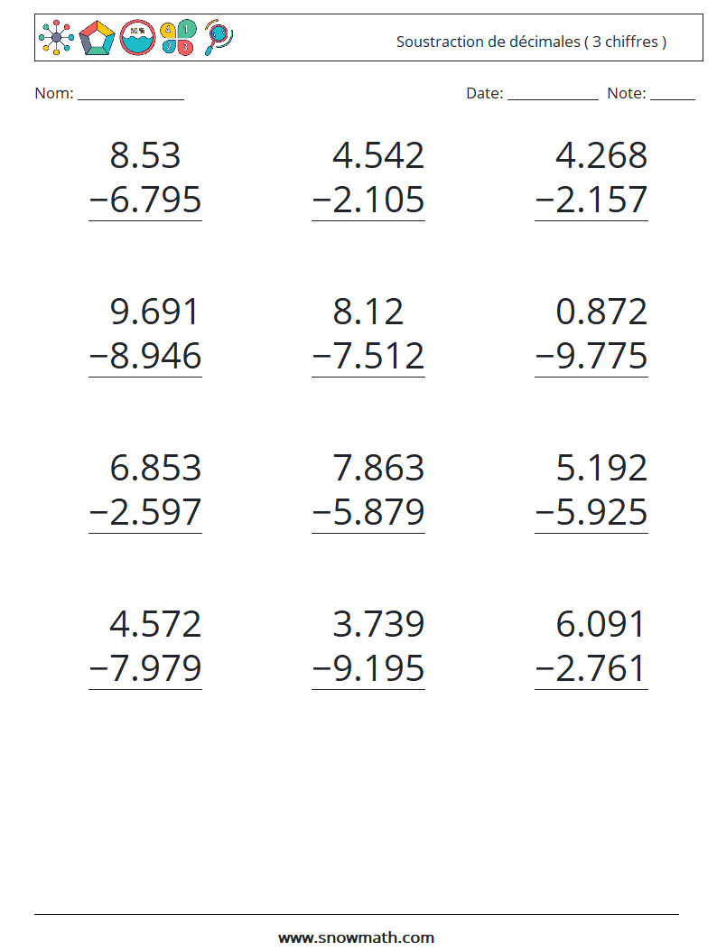 (12) Soustraction de décimales ( 3 chiffres ) Fiches d'Exercices de Mathématiques 2