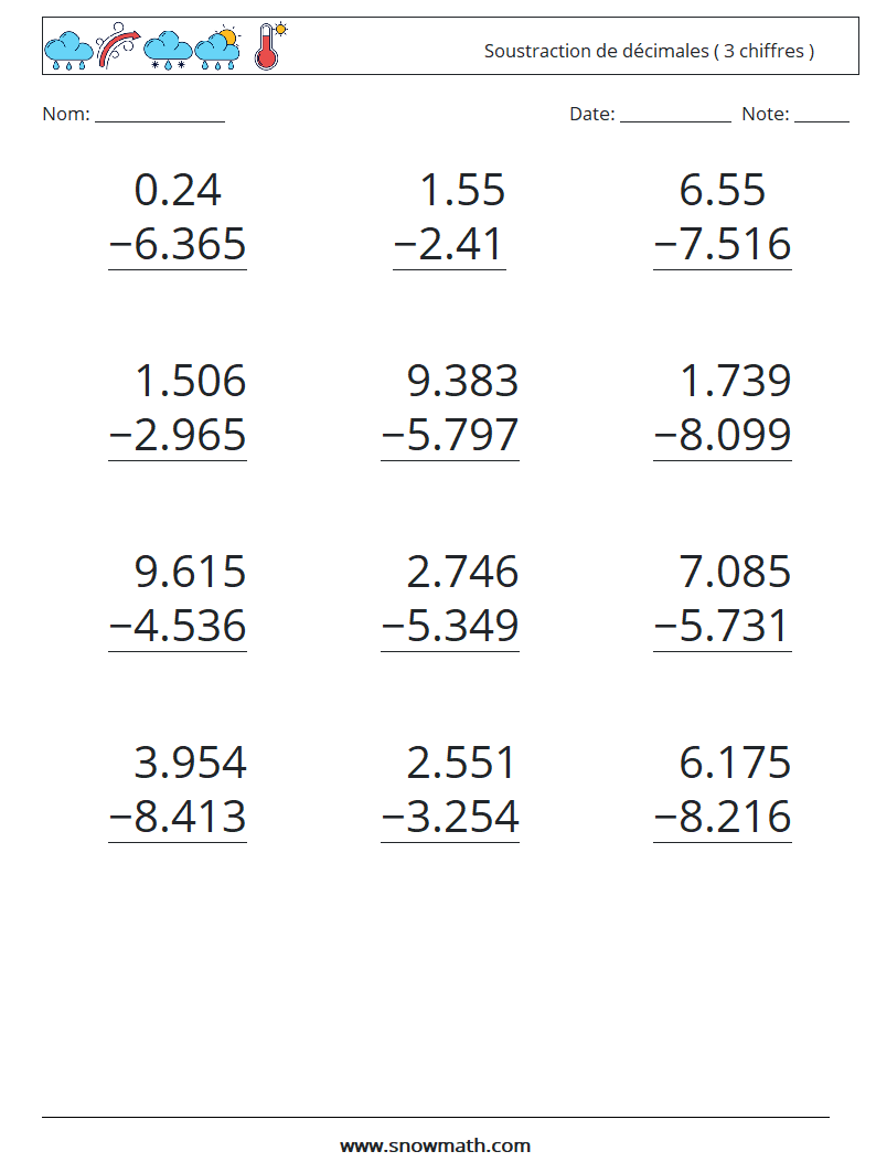 (12) Soustraction de décimales ( 3 chiffres ) Fiches d'Exercices de Mathématiques 3