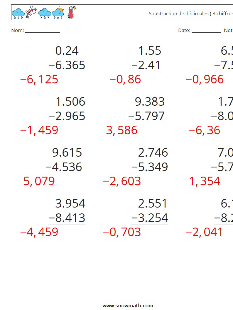(12) Soustraction de décimales ( 3 chiffres ) Fiches d'Exercices de Mathématiques 3 Question, Réponse