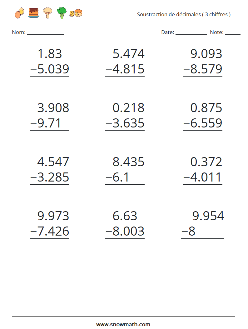 (12) Soustraction de décimales ( 3 chiffres ) Fiches d'Exercices de Mathématiques 4