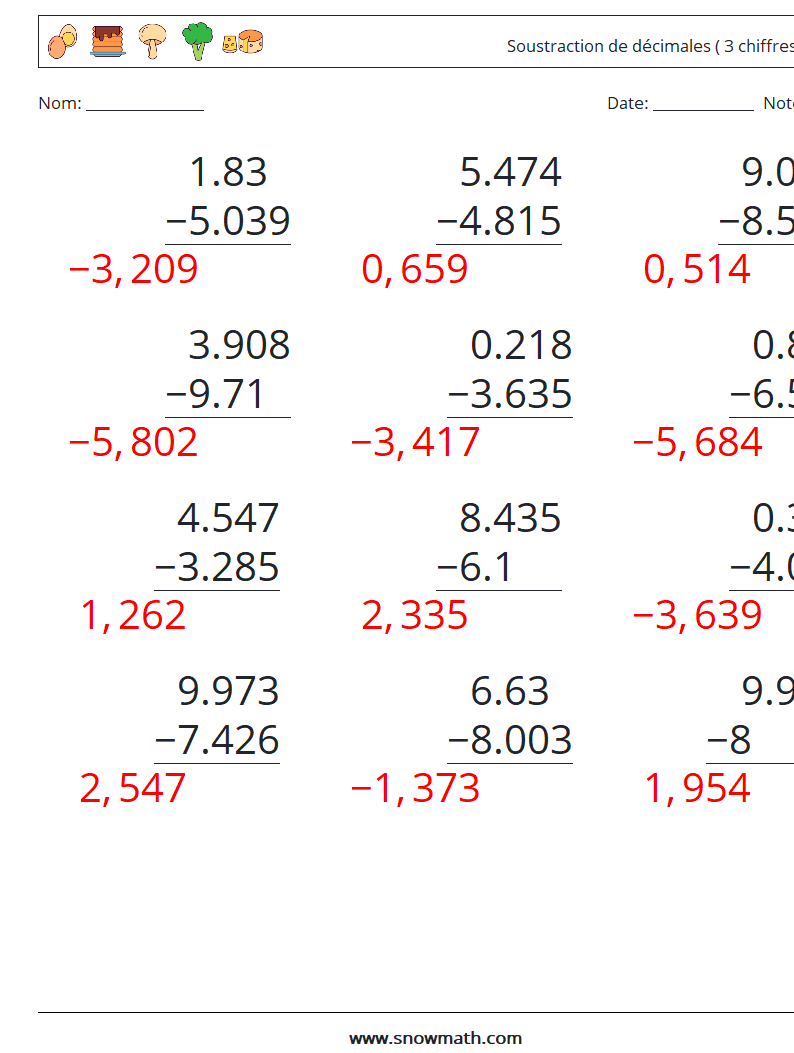 (12) Soustraction de décimales ( 3 chiffres ) Fiches d'Exercices de Mathématiques 4 Question, Réponse