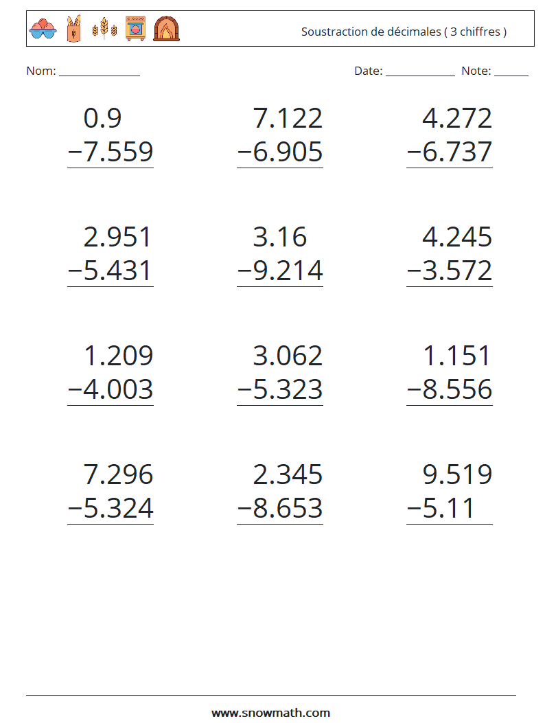 (12) Soustraction de décimales ( 3 chiffres ) Fiches d'Exercices de Mathématiques 5