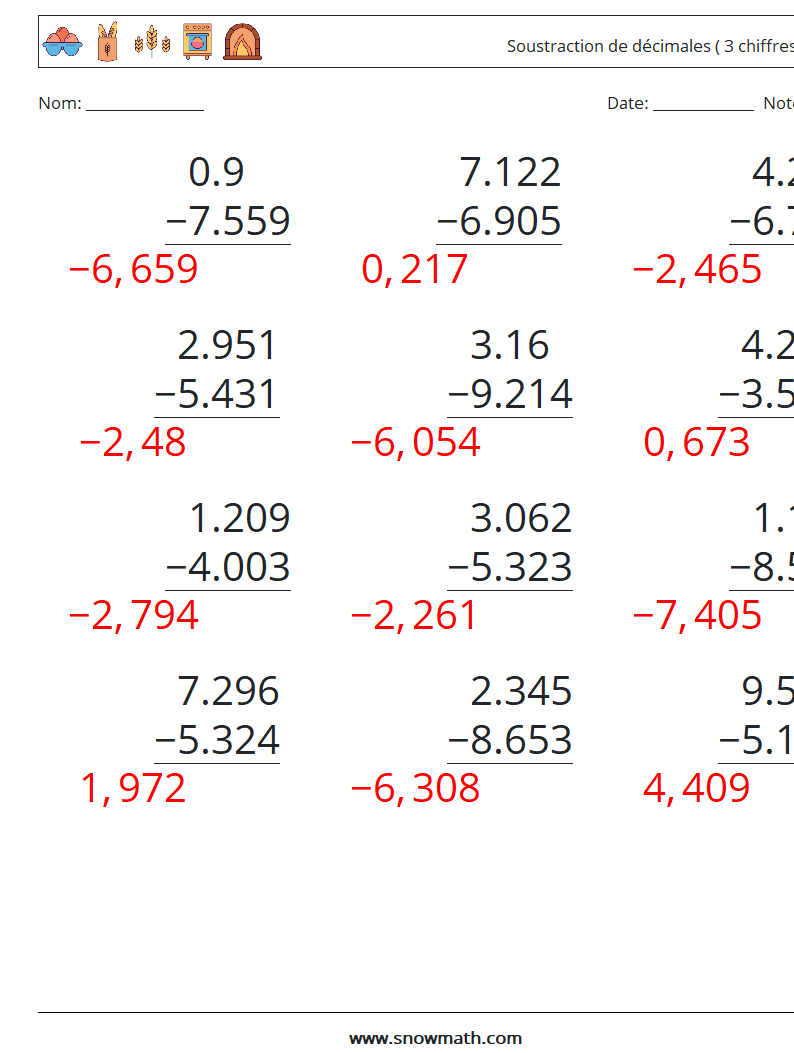 (12) Soustraction de décimales ( 3 chiffres ) Fiches d'Exercices de Mathématiques 5 Question, Réponse