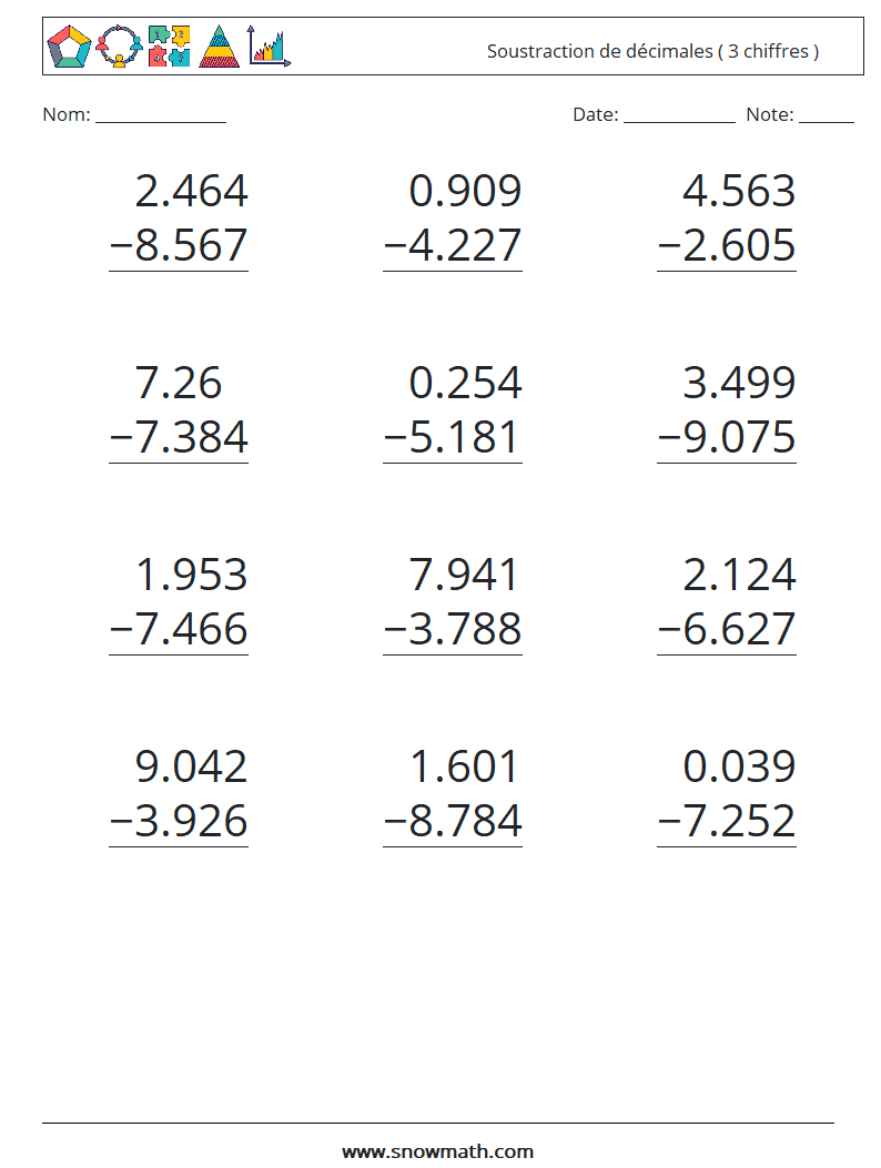 (12) Soustraction de décimales ( 3 chiffres ) Fiches d'Exercices de Mathématiques 6