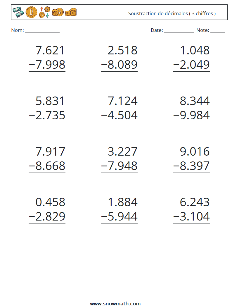 (12) Soustraction de décimales ( 3 chiffres ) Fiches d'Exercices de Mathématiques 7