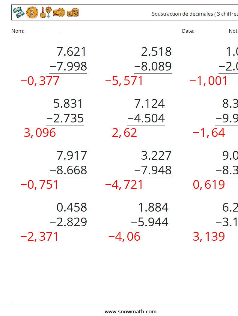 (12) Soustraction de décimales ( 3 chiffres ) Fiches d'Exercices de Mathématiques 7 Question, Réponse