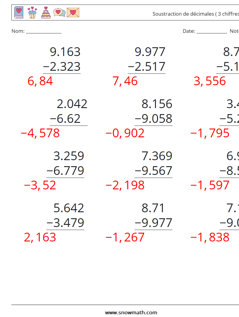 (12) Soustraction de décimales ( 3 chiffres ) Fiches d'Exercices de Mathématiques 8 Question, Réponse