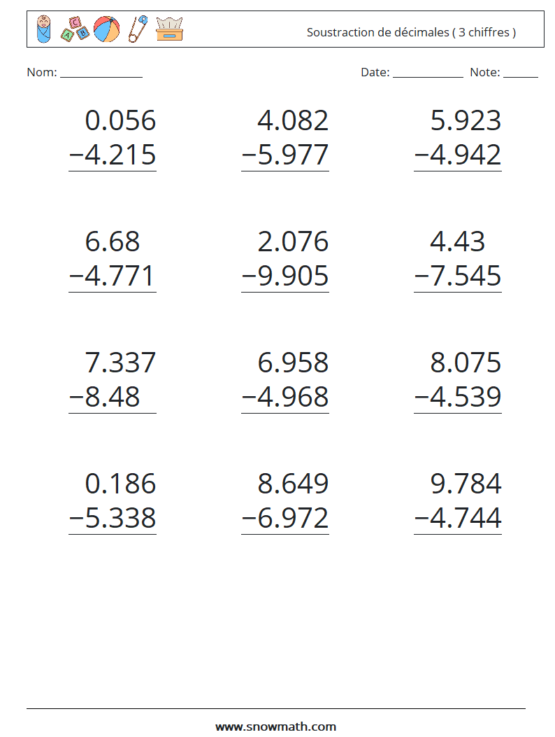 (12) Soustraction de décimales ( 3 chiffres ) Fiches d'Exercices de Mathématiques 9