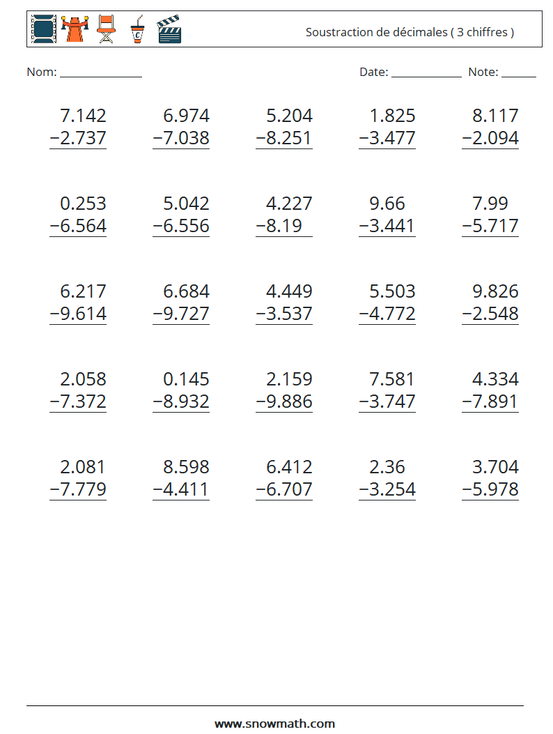 (25) Soustraction de décimales ( 3 chiffres ) Fiches d'Exercices de Mathématiques 1