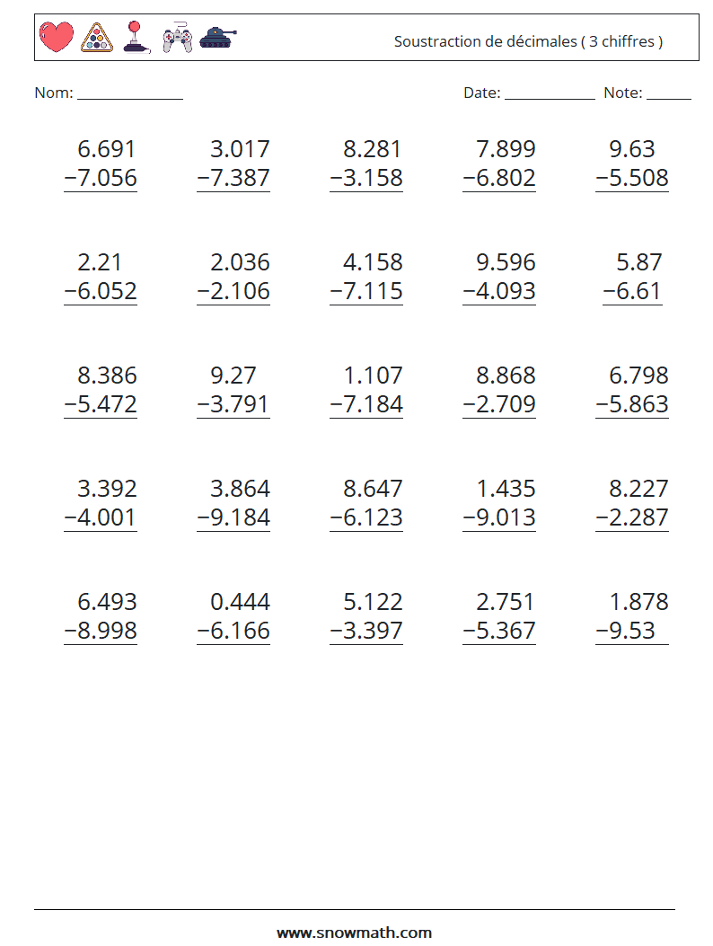 (25) Soustraction de décimales ( 3 chiffres ) Fiches d'Exercices de Mathématiques 11